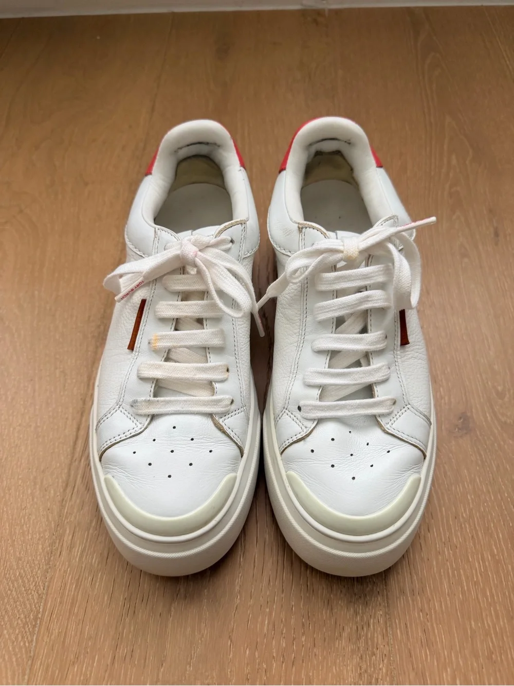Tory Burch White Leather Ladybug Low-Top Sneakers with Coral Heel Accent